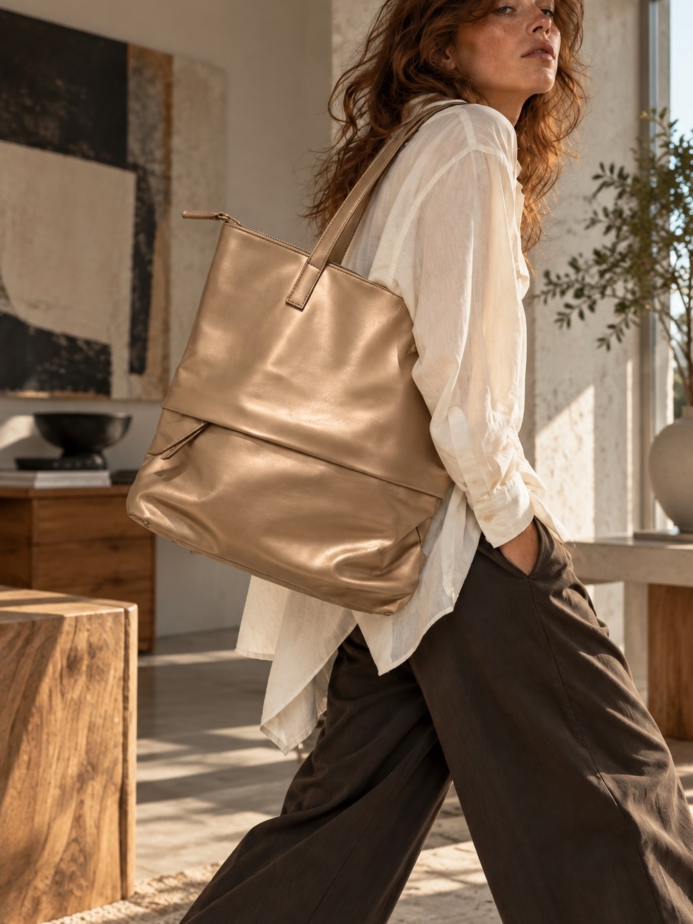 Simons Metallic Gold Oversized Slouchy Tote Bag Y2K